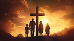 Silhouette, family and Christian cross for praying, religion and funeral social gathering