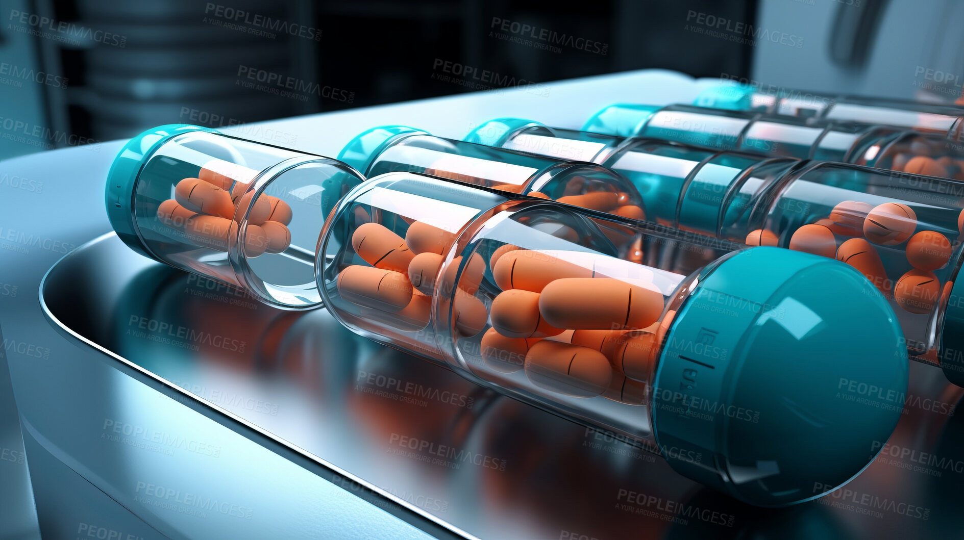 Buy stock photo Pills and medical science development for future drugs, medicine and pharmaceutical innovation