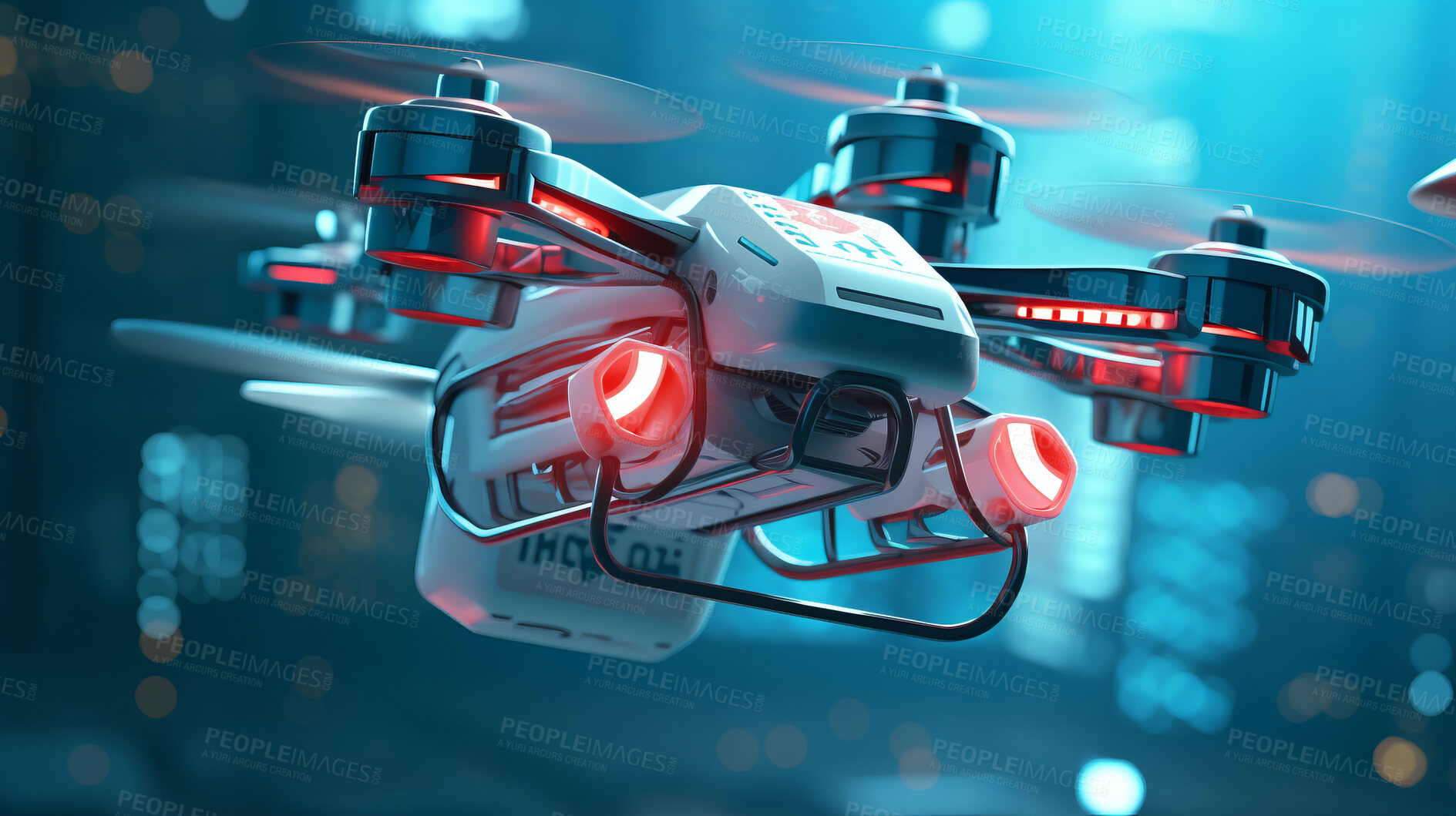 Buy stock photo Delivery drone with package. Secure emergency care transport concept