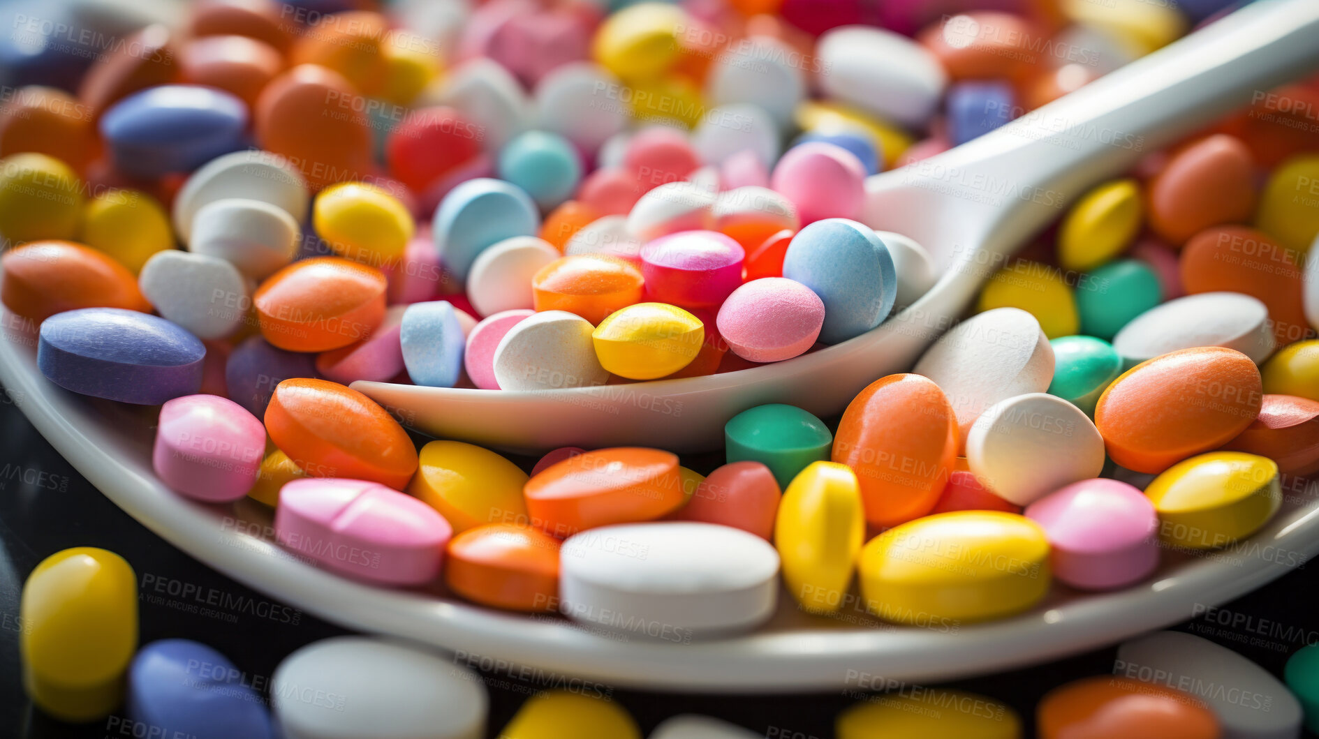 Buy stock photo Bowl full of colorful pills with spoon. Health supplement and medicine concept