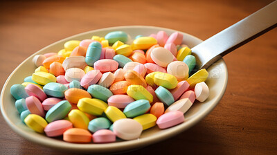 Bowl full of colorful pills with spoon. Health supplement and medicine concept