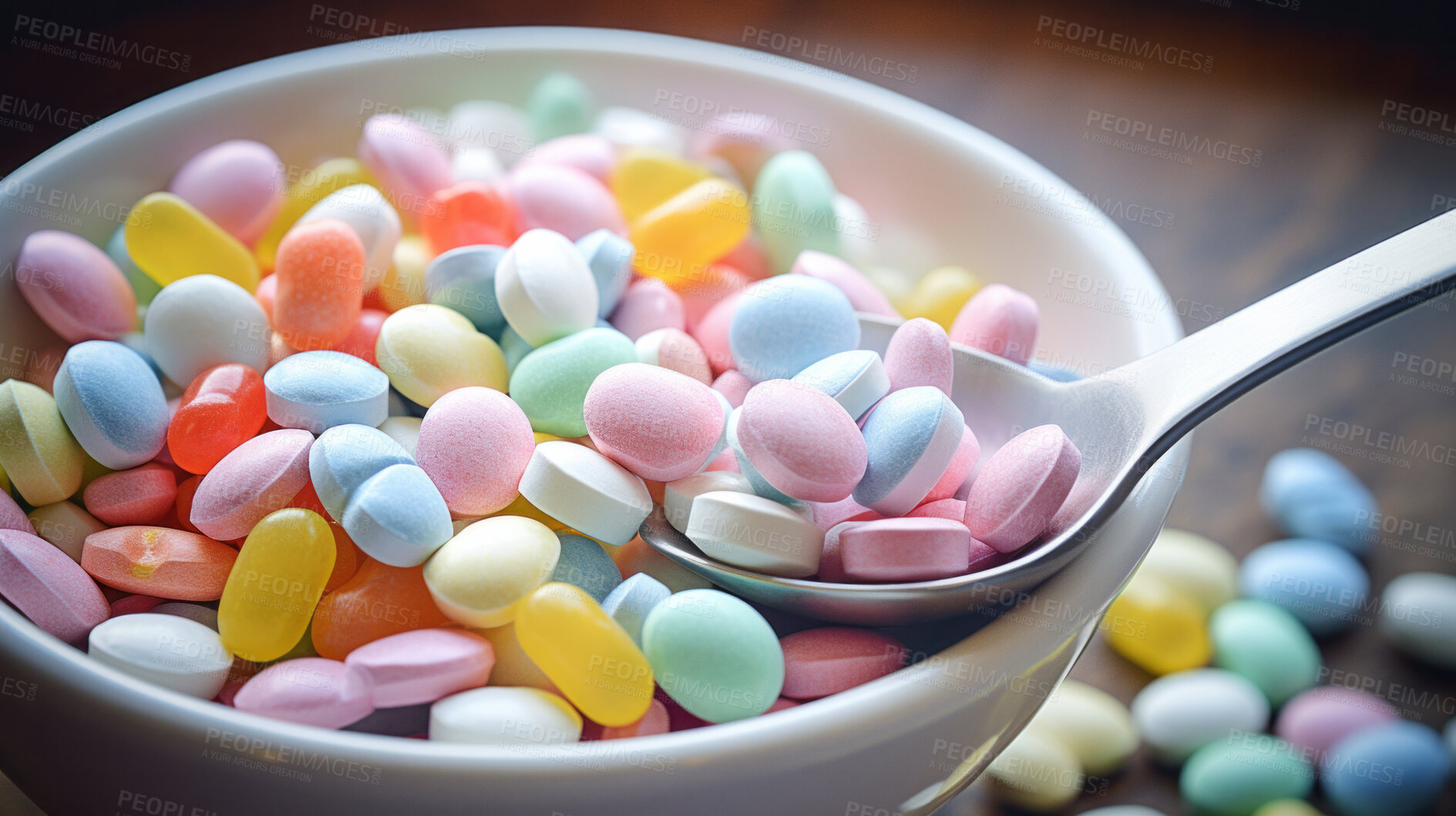 Buy stock photo Bowl full of colorful pills with spoon. Health supplement and medicine concept