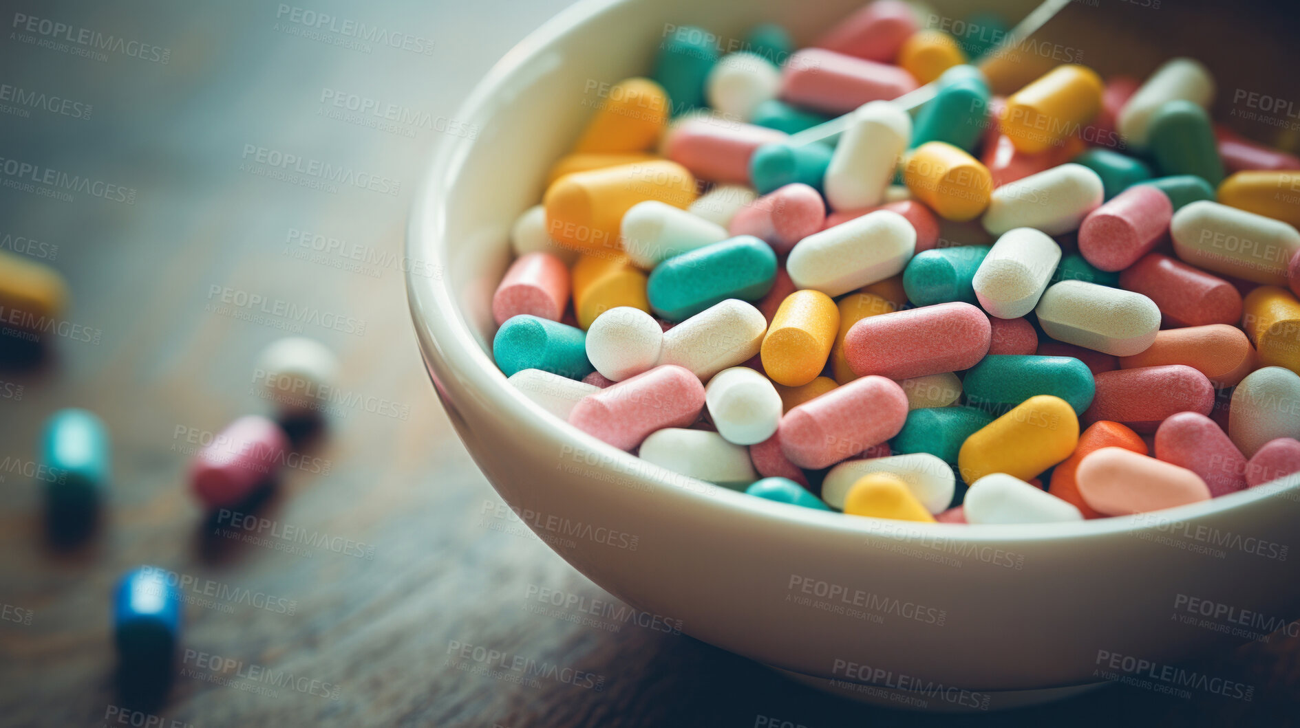 Buy stock photo Bowl full of colorful pills. Health supplement and medicine concept