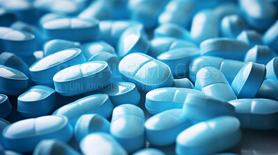 Blue pills background. Health supplement and science medicine research concept
