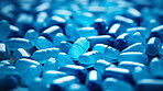 Blue gel pills background. Health supplement and science medicine research concept