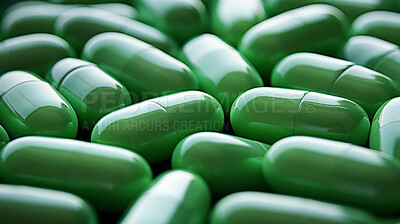 Green pills background. Health supplement and science medicine research concept
