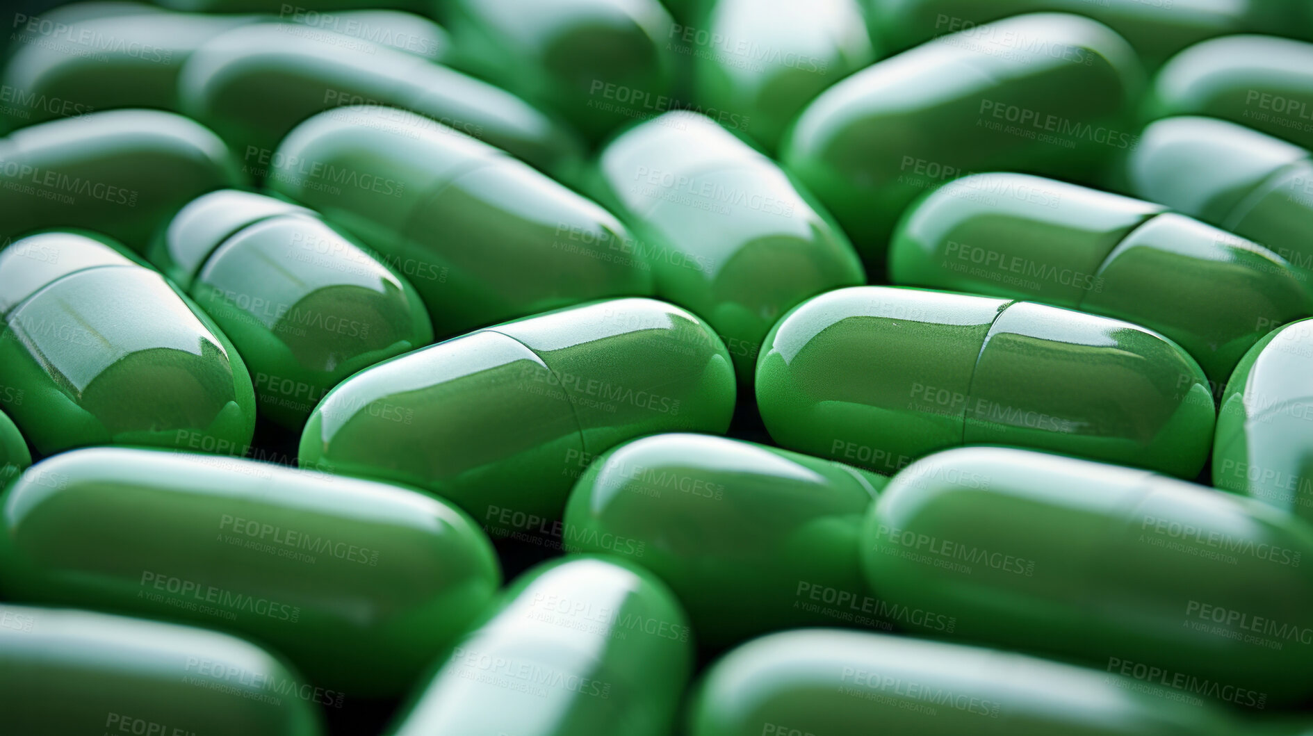 Buy stock photo Green pills background. Health supplement and science medicine research concept