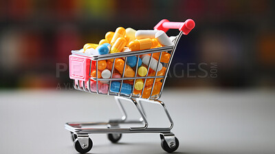 Colorful pills in shopping trolley. Health supplement and science medicine concept