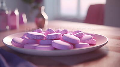 Pink fizz tablets on plate. Health supplement and science medicine concept