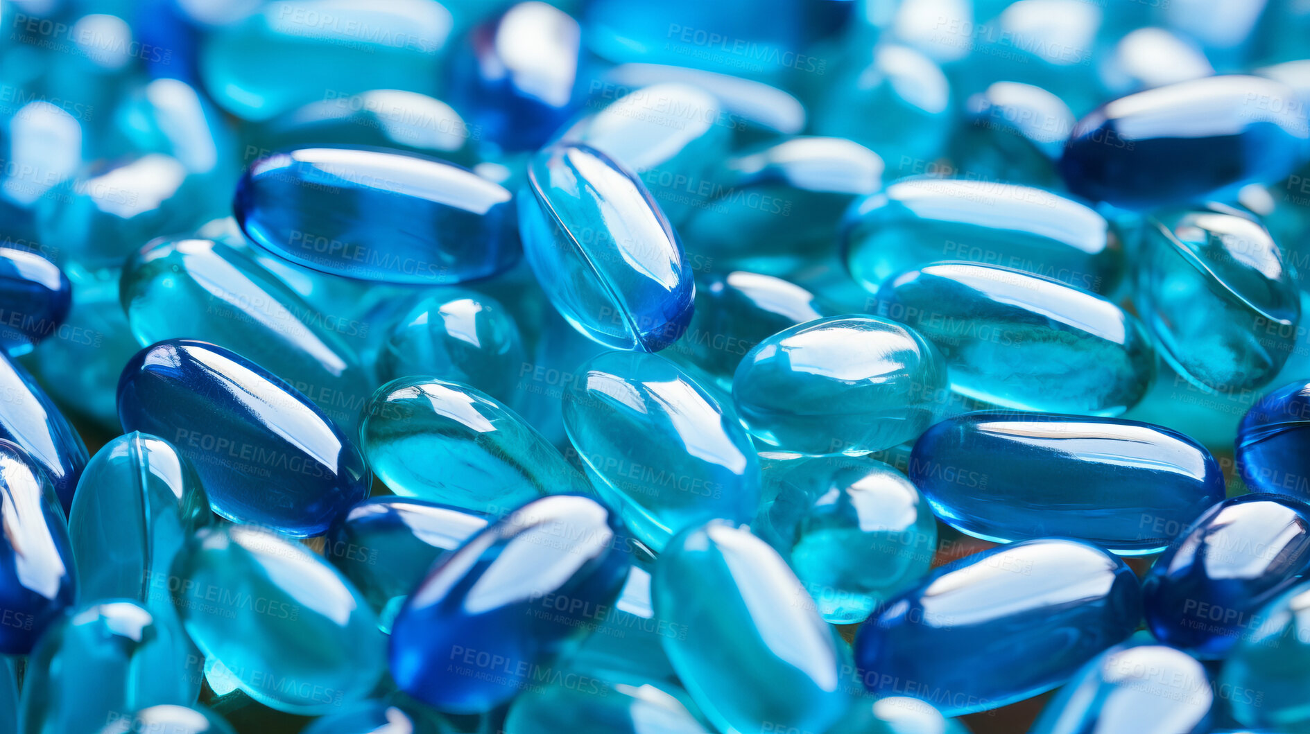 Buy stock photo Blue gel pills background. Health supplement and science medicine research concept