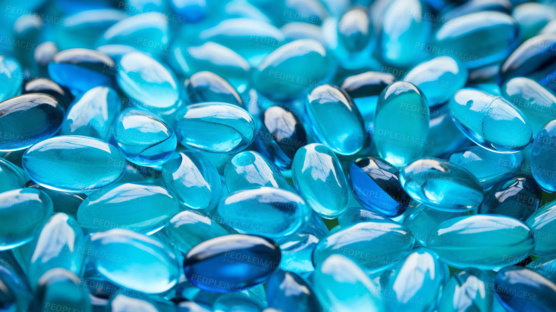 Buy stock photo Blue gel pills background. Health supplement and science medicine research concept