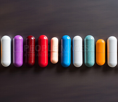 Colorful pills in line on table. Health supplement and science medicine research concept