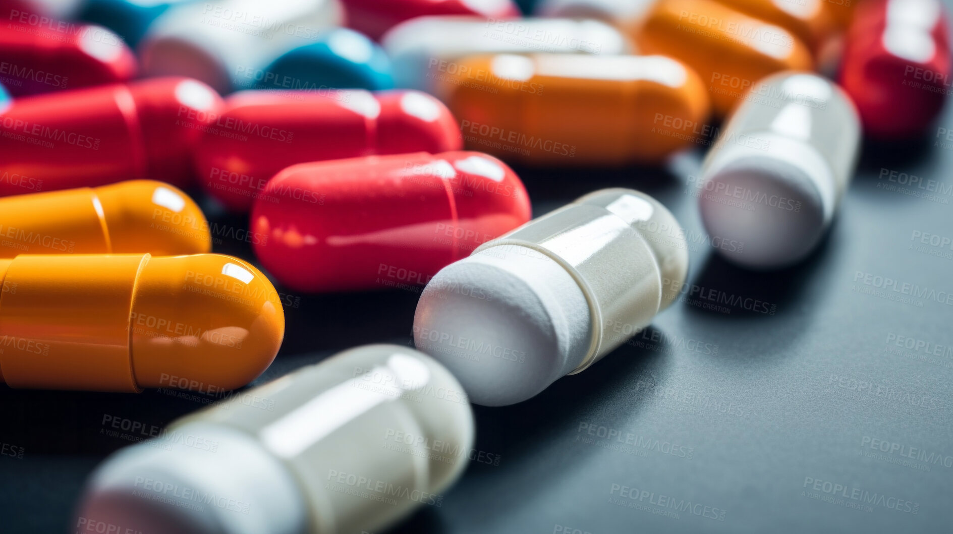 Buy stock photo Colorful pills background. Health supplement and science medicine research concept