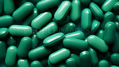 Green pills background. Health supplement and science medicine research concept