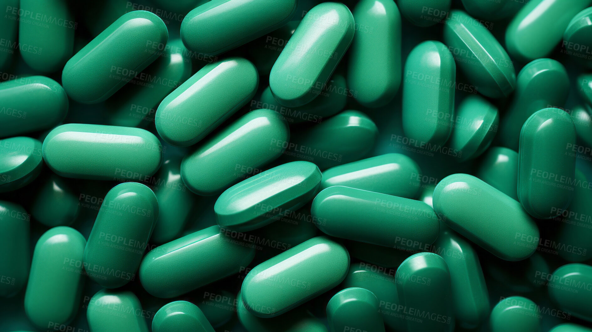 Buy stock photo Green pills background. Health supplement and science medicine research concept