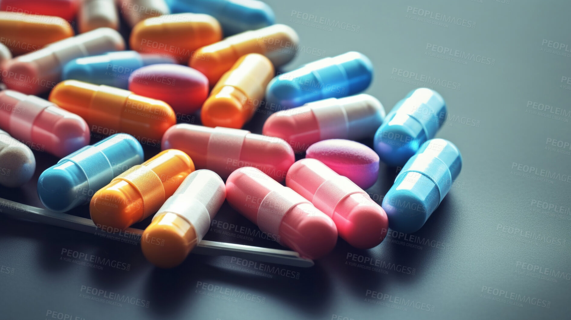 Buy stock photo Colorful pills background. Health supplement and science medicine research concept