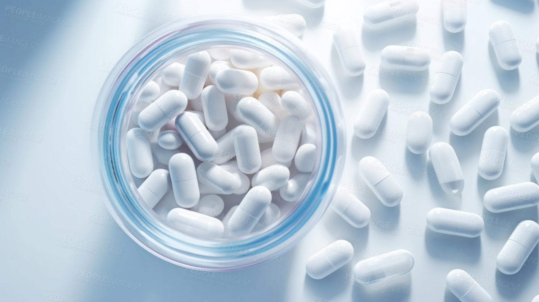 Buy stock photo White pills in glass container. Health supplement and science medicine research concept