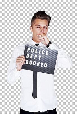 Man, mugshot and yawn for crime, youth and police department sign on isolated transparent png background. Criminal, alone and young with hand on nose, trouble and prison if guilty, rebel and cool