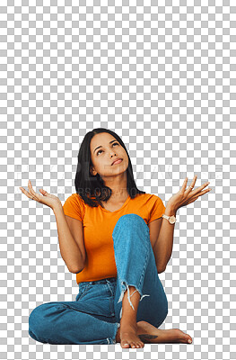 Woman, thinking and question why in studio for opportunity, ideas and decision on mockup background. Confused female model with doubt, shrugging and focus mindset of solution, choice and thoughts