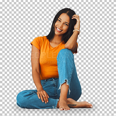 Black woman, floor and home with smile by wall for clothes, relax and fashion with barefoot. Gen z girl, model portrait and happy in house with feet, jeans and happiness on face by blue background