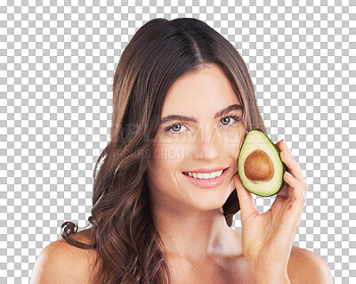 Woman, avocado and skincare in studio portrait with smile, organic cosmetics and nutrition for beauty. Girl, model and fruit for cosmetic, skin and natural healthy glow with pride by blue background