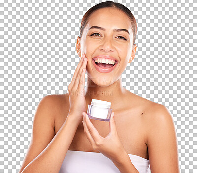 Skincare, beauty and portrait of woman with face, cream and prod