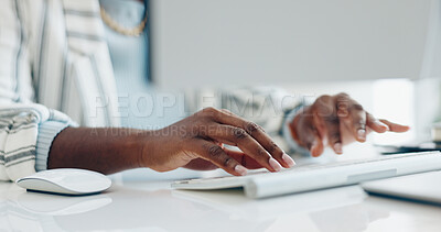 Consultant, typing and hands on keyboard in office with employee, communication and planning schedule in workplace. Business, writing or woman at desk with report, research and feedback on computer