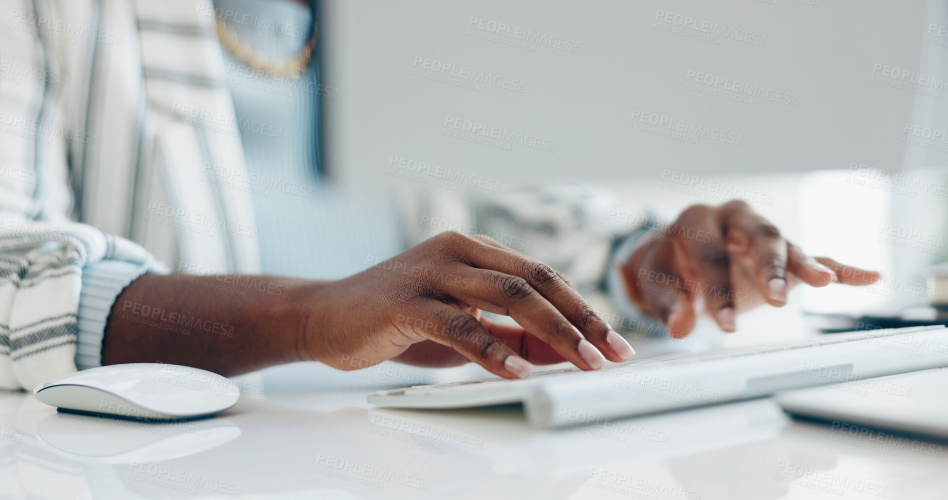 Buy stock photo Hands, computer keyboard and business person typing online report, corporate development or web project. Closeup, research and employee working on company feedback, review or search agency database