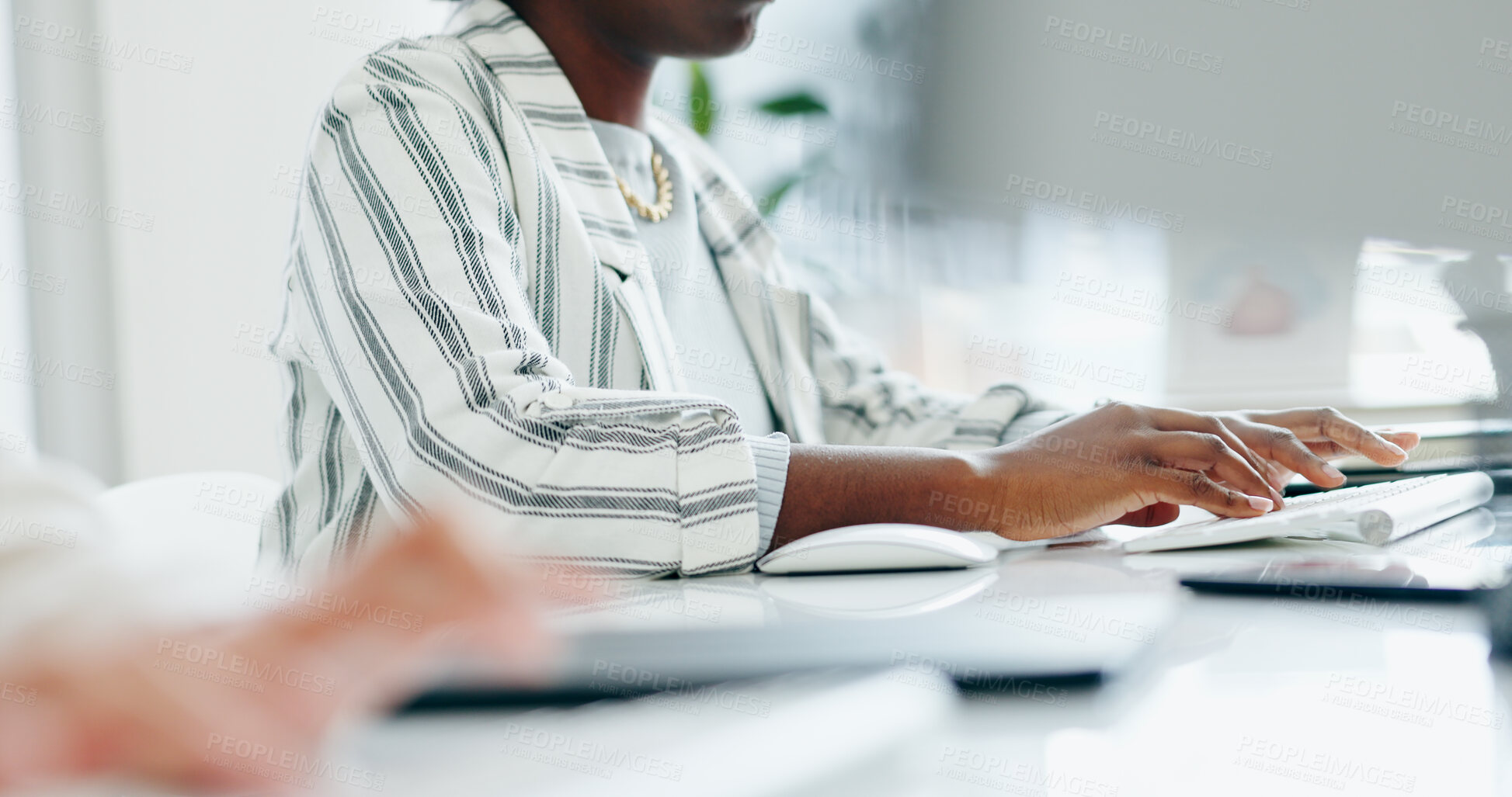Buy stock photo Hands, computer keyboard or professional person typing online report, design development or social network project. Closeup, designer or agent working on feedback, review or update advertising media