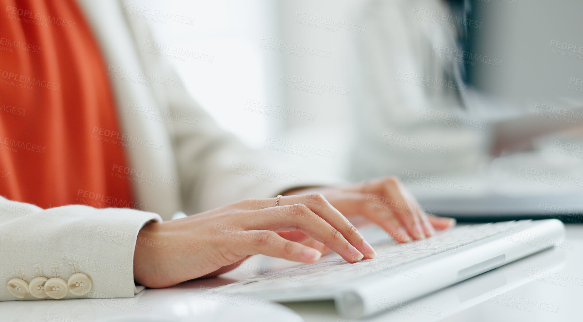 Buy stock photo Hands, computer keyboard and corporate person typing online report, news article blog or social network project. Closeup, reporter and journalist working on feedback, review or editing media post