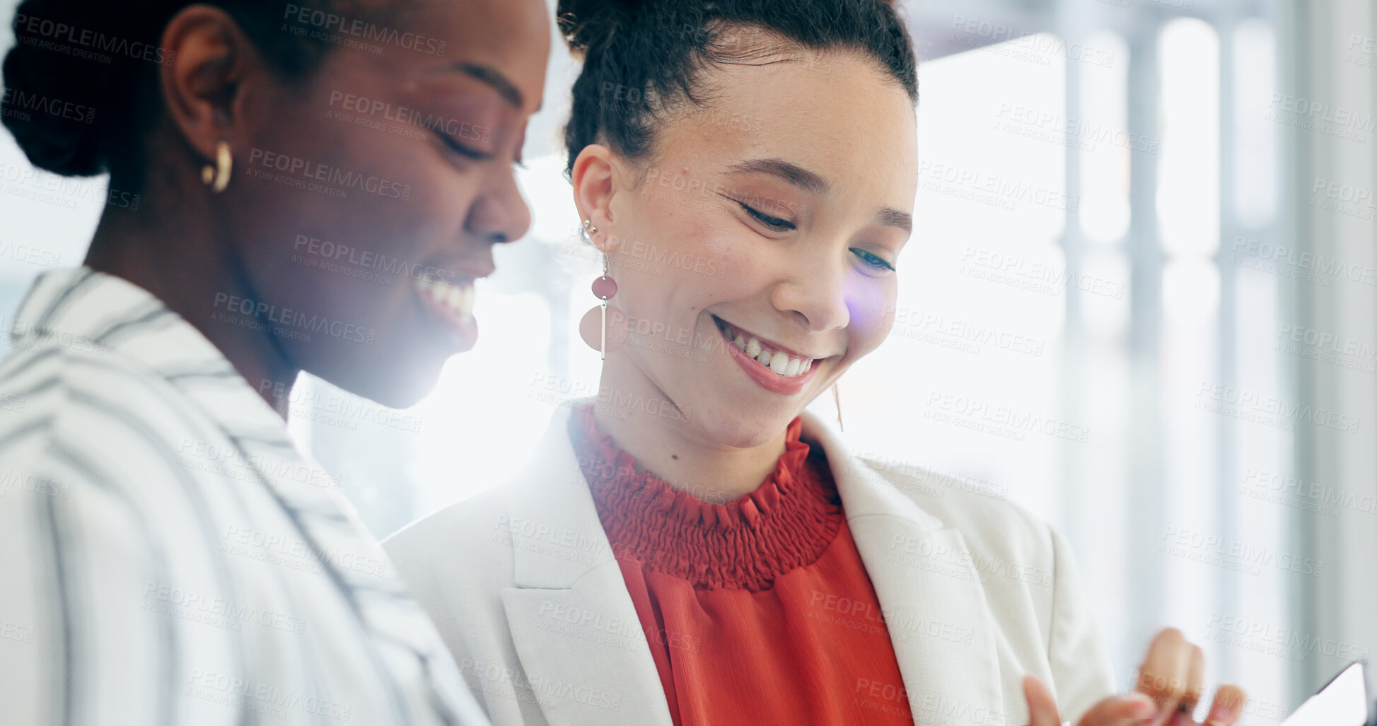 Buy stock photo Business, colleagues and women or collaboration smile communication, planning or teaching together. Female people, work mentor and support for advice research or training, helping or happy discussion