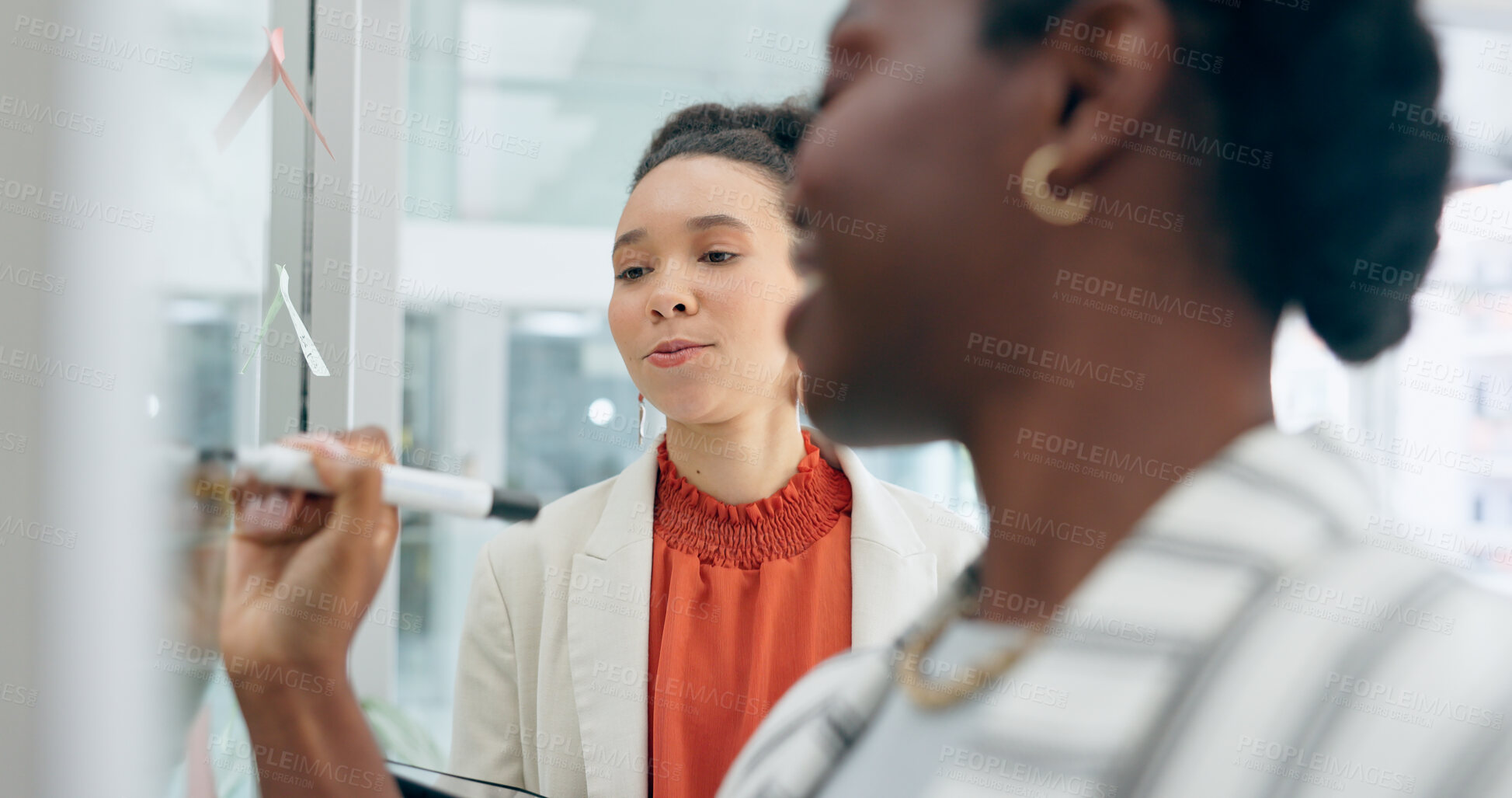 Buy stock photo Sticky note, glass board and business people writing, collaboration and designer brainstorming women entrepreneurship. Creative innovation, moodboard and design people planning advertising project
