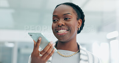 Happy black woman, phone and talking on speaker for communication or conversation at office. African female person speaking on mobile smartphone app, recording or voice note discussion at workplace