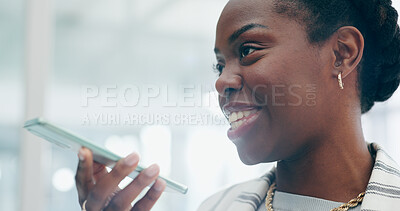 Black woman, phone and talking on voice note in communication or conversation at office. African female person or employee speaking on mobile smartphone, recording or business discussion at workplace