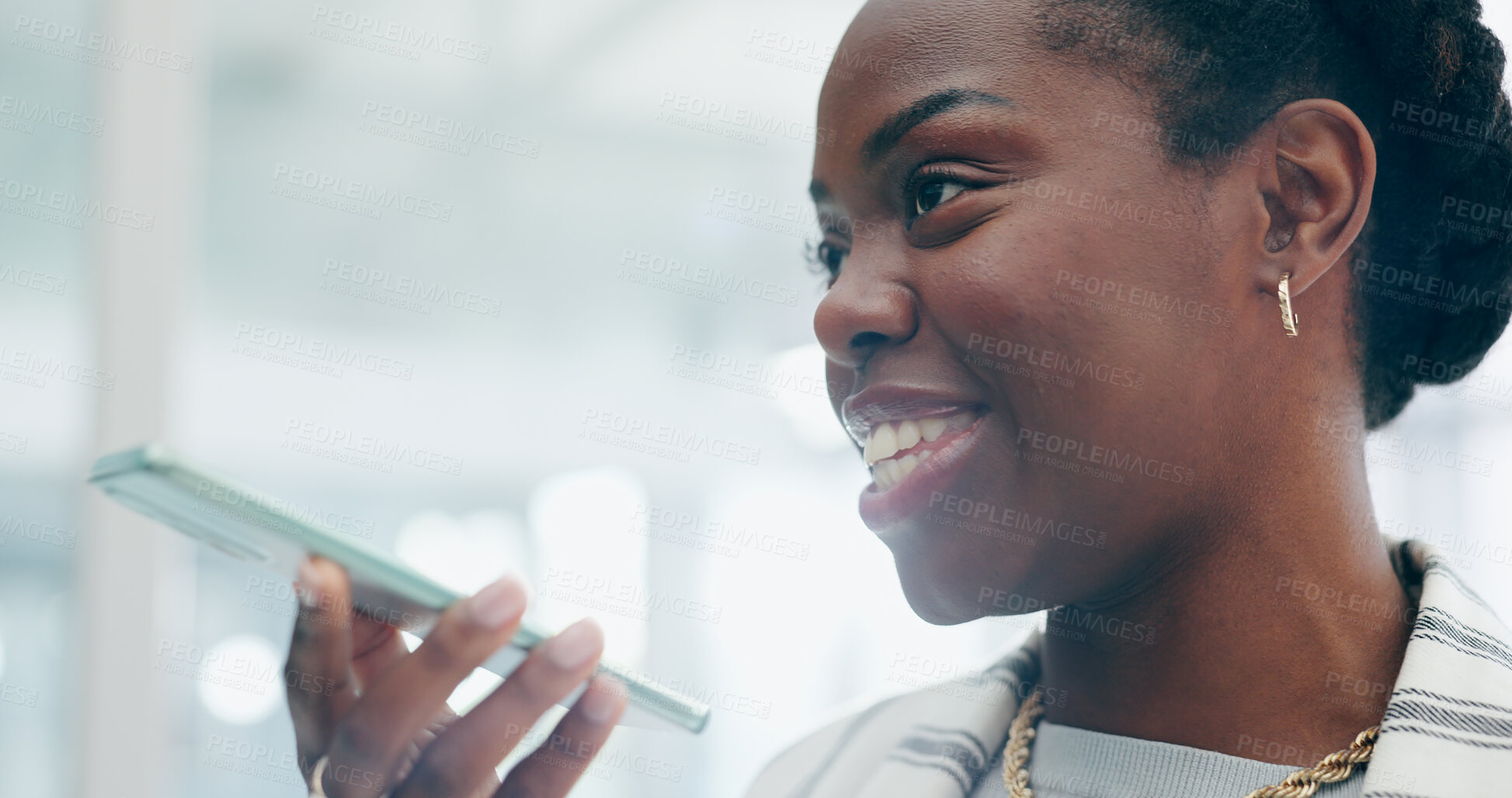 Buy stock photo Black business woman, phone and voice note in office, communication and conversation. African person, employee and call on mobile smartphone, recording ideas or discussion on loudspeaker at workplace