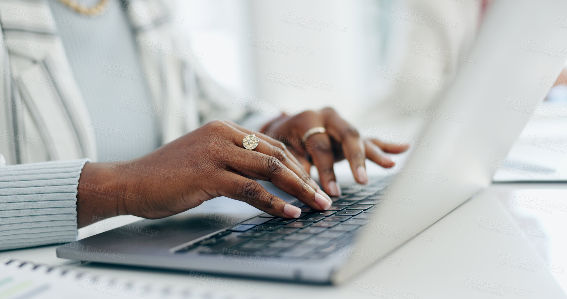 Buy stock photo Hands, laptop keyboard and business person, administration or receptionist typing online calendar schedule. Closeup, research and secretary working on company feedback, review or update agenda info