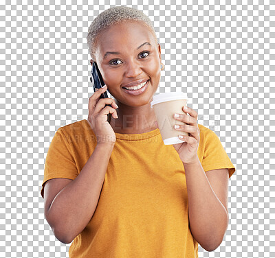 Coffee, portrait or black woman on a phone call in studio on blue background talking for communication. Tea, face smile or happy girl drinking, listening or calling to chat in conversation on mobile