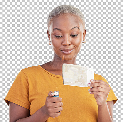 Burning, money and woman with euro bills on fire, flame or college student with debt in financial crisis on blue background. Inflation, increase or African customer spending credit with interest rate