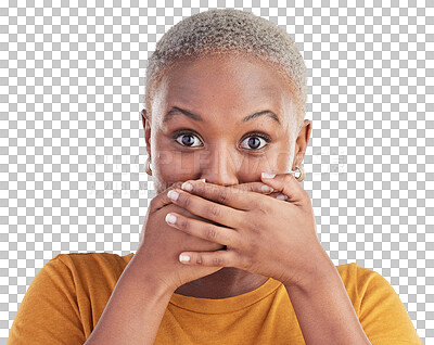 Gossip, secret or portrait black woman shocked by mistake or announcement in studio on blue background. Wow, fake news or surprised girl with excited, wtf or omg expression with hands to cover mouth