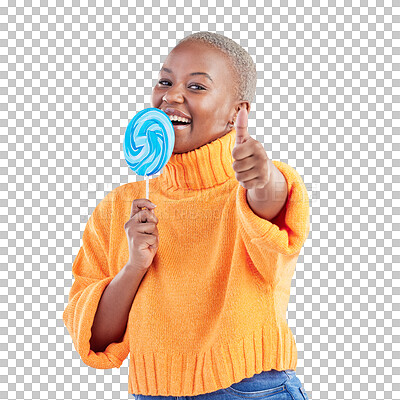 Thumbs up, lollipop and black woman in portrait with candy in studio isolated on a blue background. African person, happy face and sweets, dessert and sugar food with like hand sign for excellence
