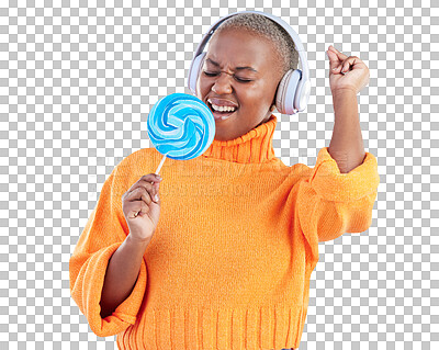 Music headphones, lollipop or black woman listening to radio playlist to relax on blue background in studio. Sweets, candy or girl singer dancing, singing or streaming a song audio or sound track