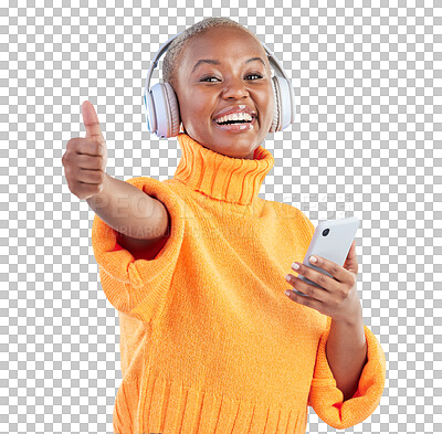 Headphones, portrait or black woman with thumbs up for mobile feedback on a blue background. Smile, radio or happy girl with like hand sign for success, listening or streaming.to review a podcast