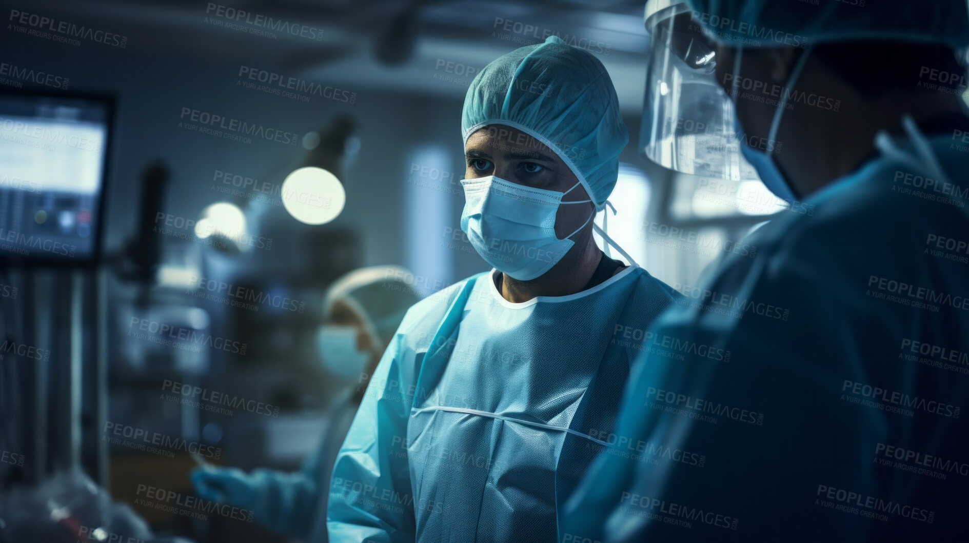 Buy stock photo Surgeon or doctor in the operating hospital room -performing an operation