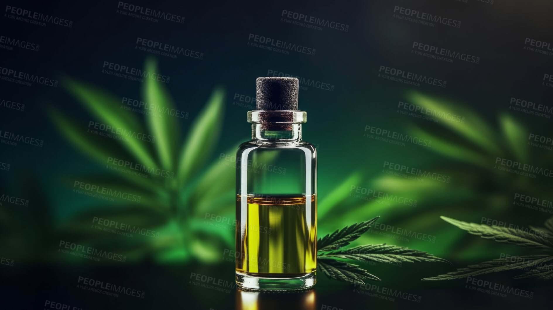 Buy stock photo Cannabis oil in bottle on background with copy space. Medical cannabis