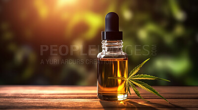 Buy stock photo Cannabis oil in bottle on background with copy space. Medical cannabis