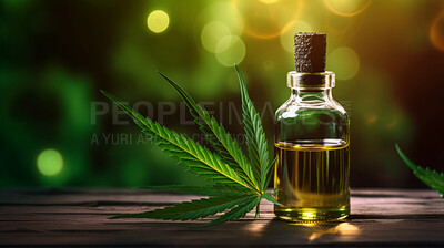 Buy stock photo Cannabis oil in bottle on background with copy space. Medical cannabis