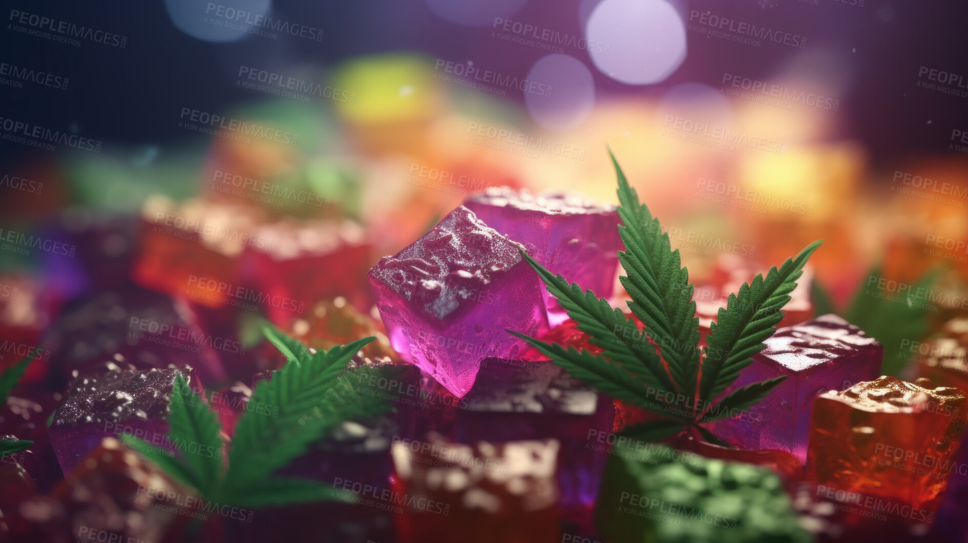 Buy stock photo Cannabis gummies with Hemp Leaves. Prescription medical marijuana strain.