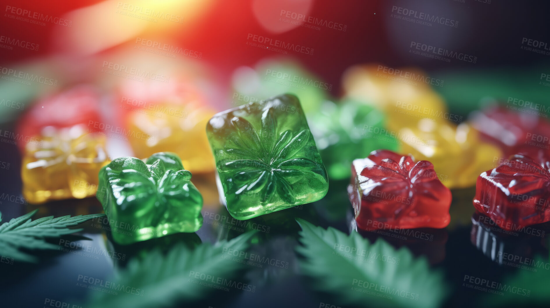 Buy stock photo Cannabis gummies with Hemp Leaves. Prescription medical marijuana strain.