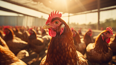 Buy stock photo Free range organic chickens poultry in a country farm. Happy chickens in the meadow