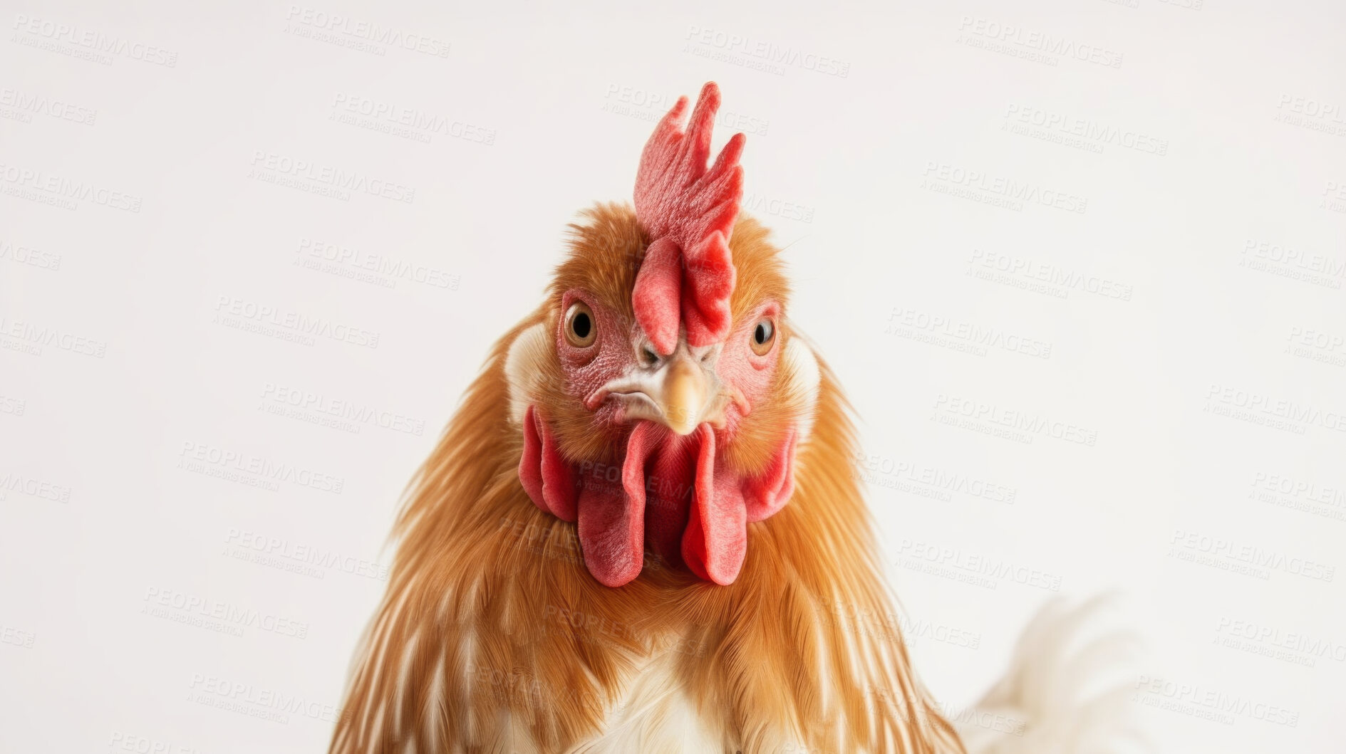 Buy stock photo Portrait of a chicken hen standing isolated against a white background